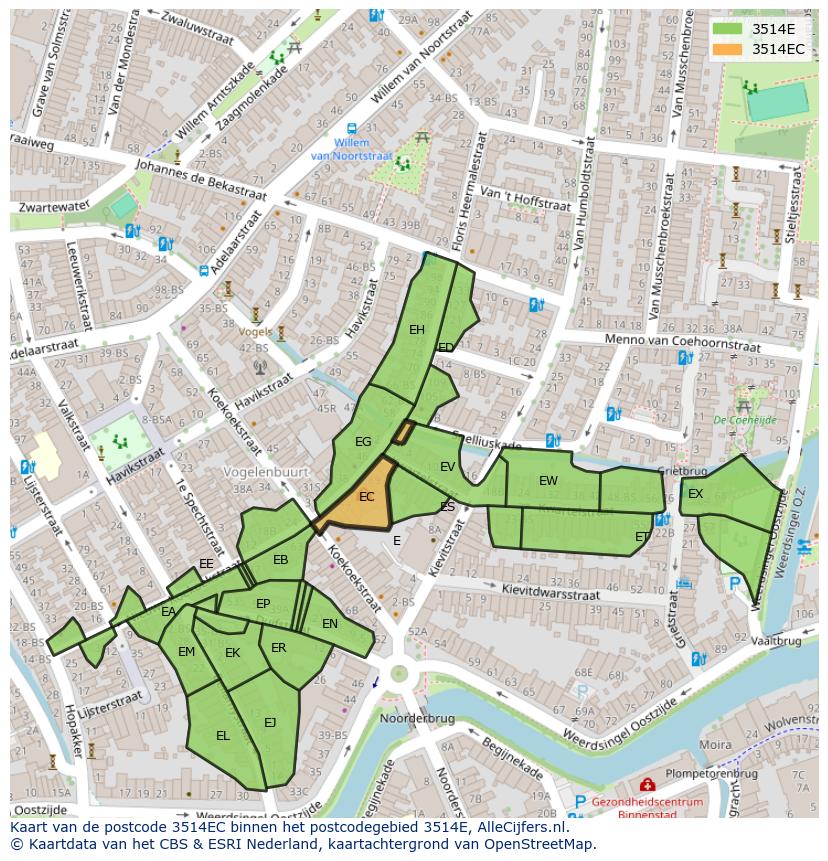 Afbeelding van het postcodegebied 3514 EC op de kaart.