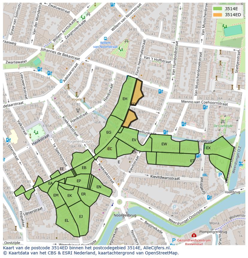 Afbeelding van het postcodegebied 3514 ED op de kaart.