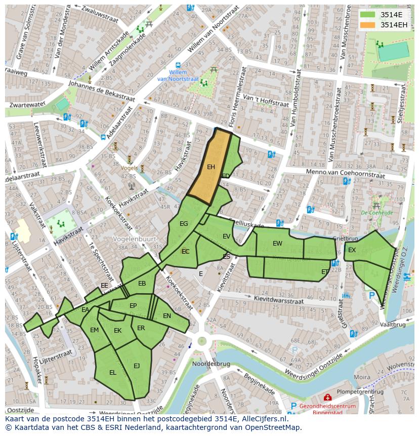 Afbeelding van het postcodegebied 3514 EH op de kaart.