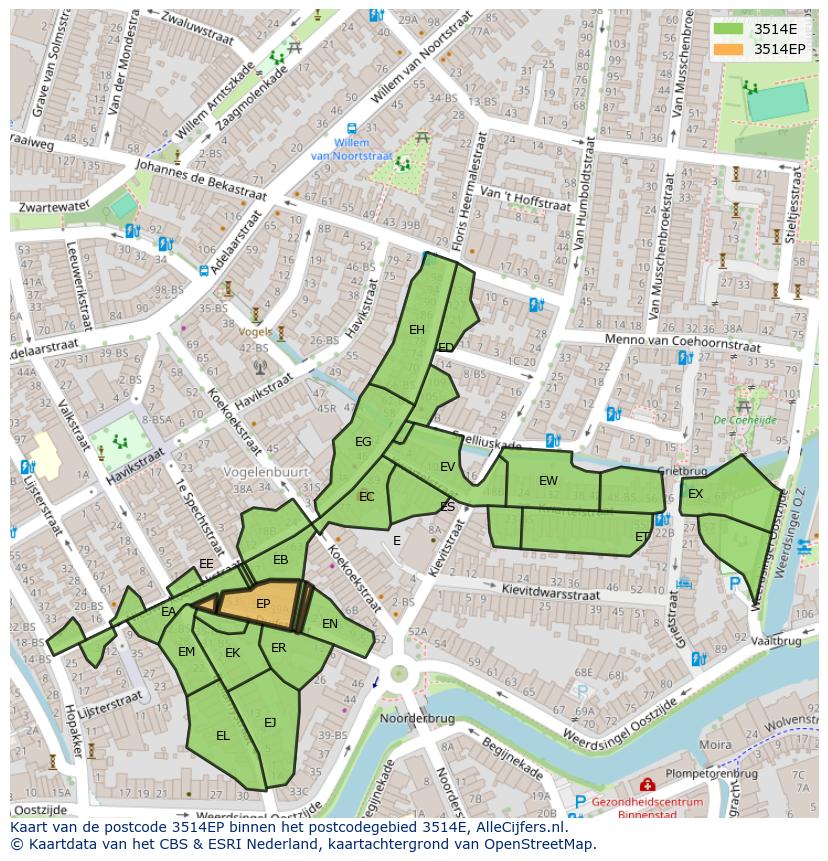 Afbeelding van het postcodegebied 3514 EP op de kaart.