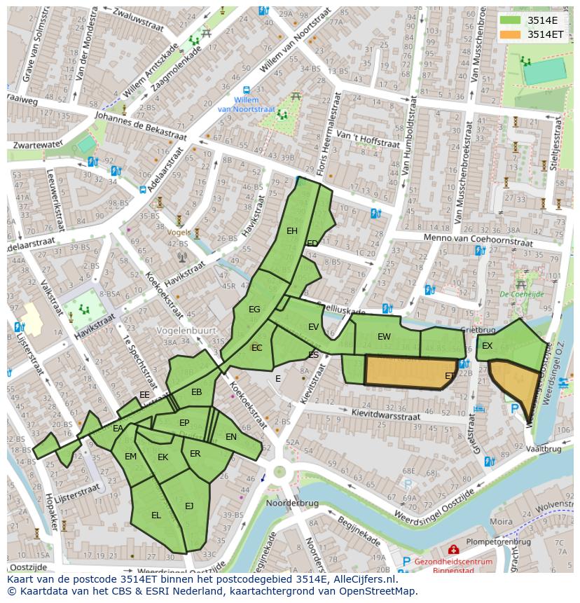 Afbeelding van het postcodegebied 3514 ET op de kaart.
