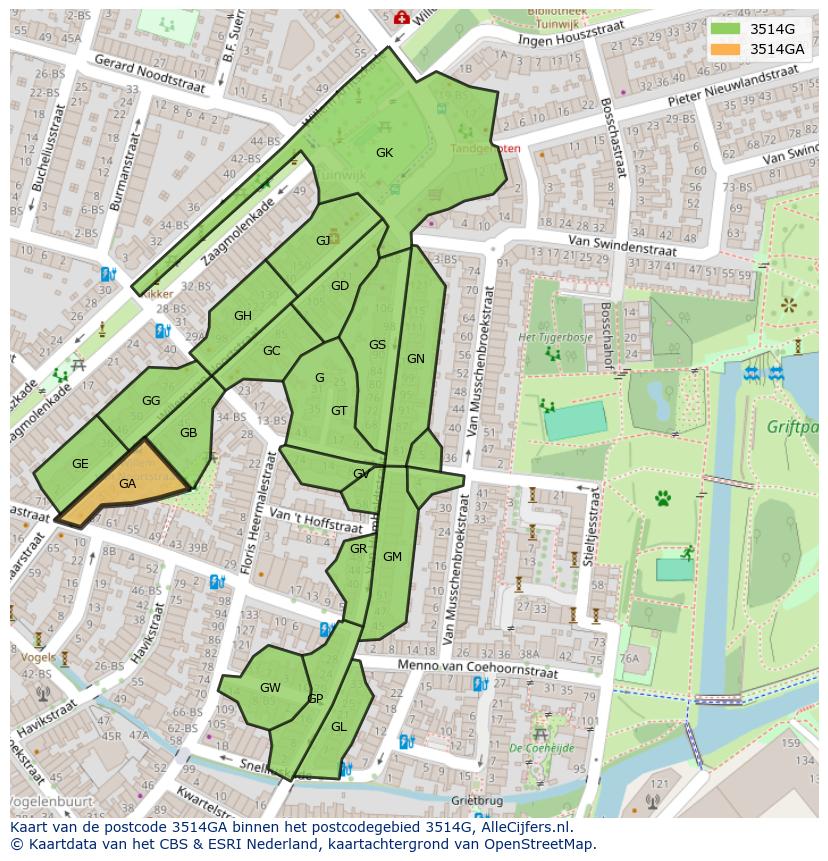 Afbeelding van het postcodegebied 3514 GA op de kaart.
