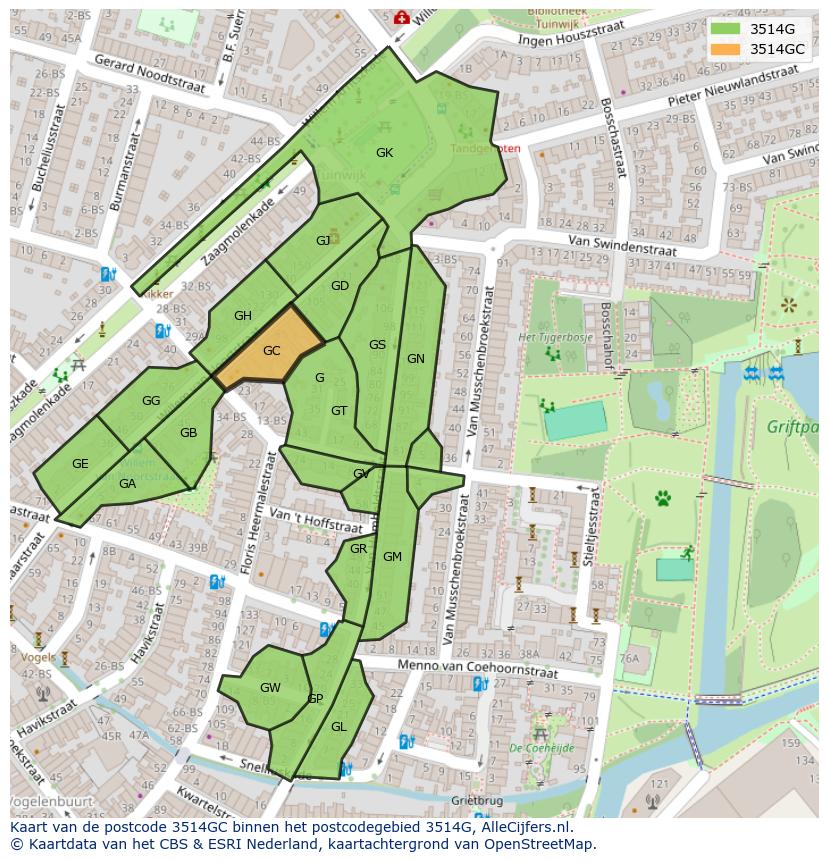 Afbeelding van het postcodegebied 3514 GC op de kaart.