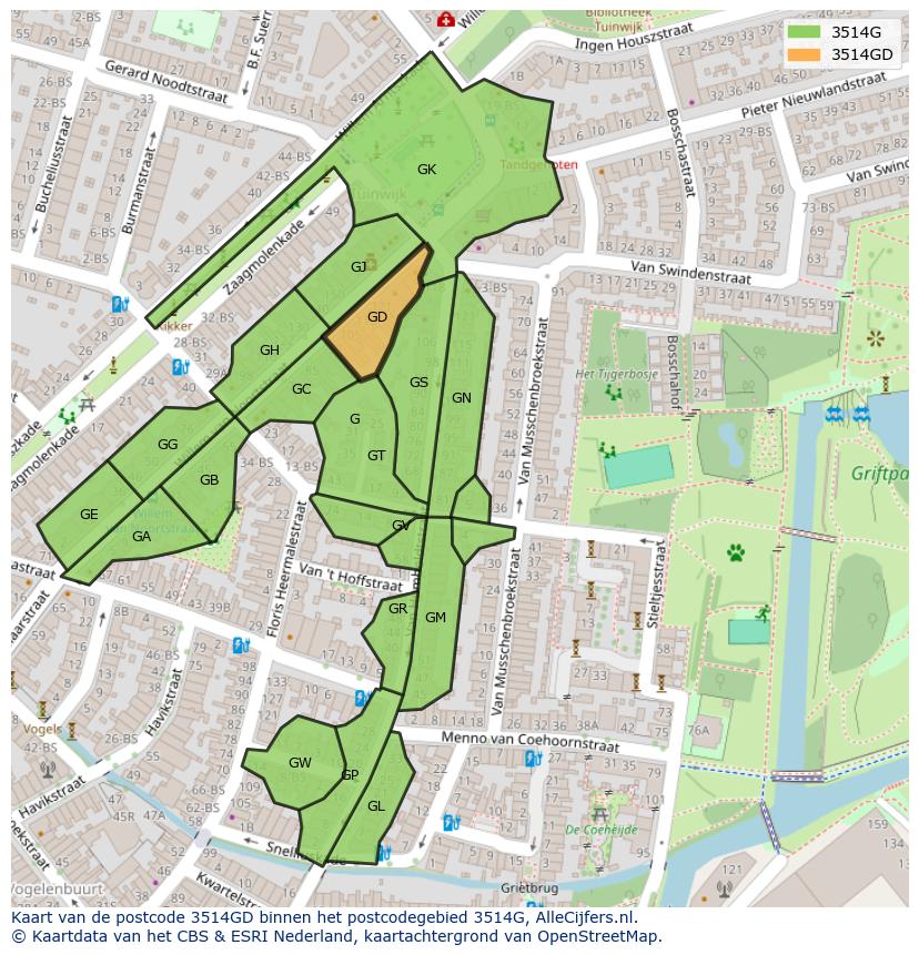 Afbeelding van het postcodegebied 3514 GD op de kaart.