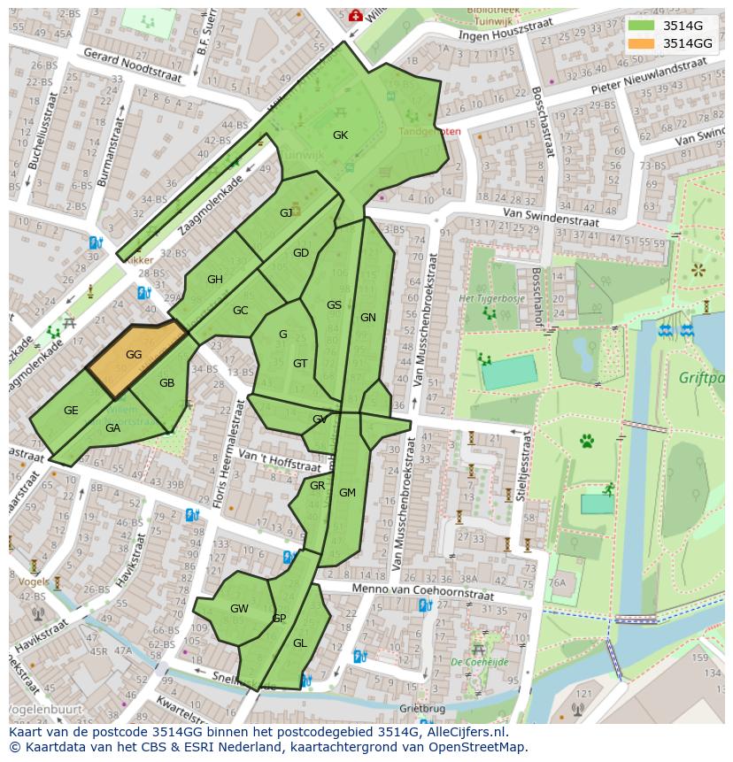 Afbeelding van het postcodegebied 3514 GG op de kaart.