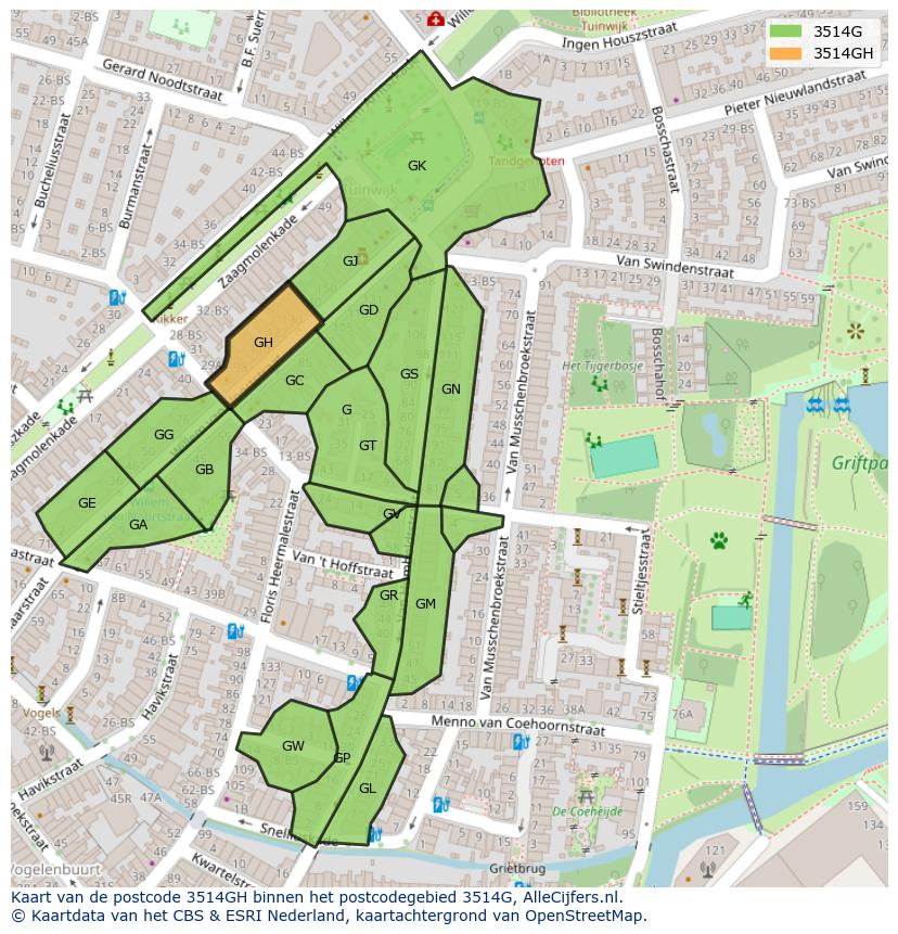 Afbeelding van het postcodegebied 3514 GH op de kaart.