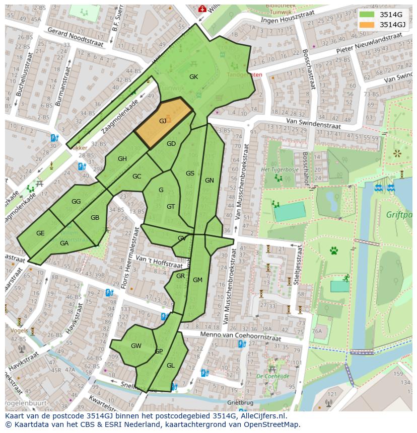Afbeelding van het postcodegebied 3514 GJ op de kaart.