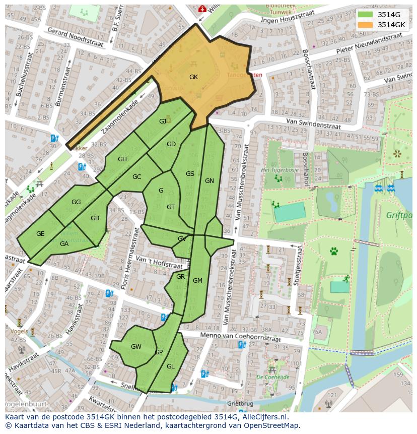 Afbeelding van het postcodegebied 3514 GK op de kaart.