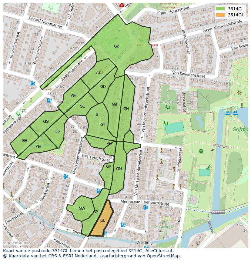 Afbeelding van het postcodegebied 3514 GL op de kaart.