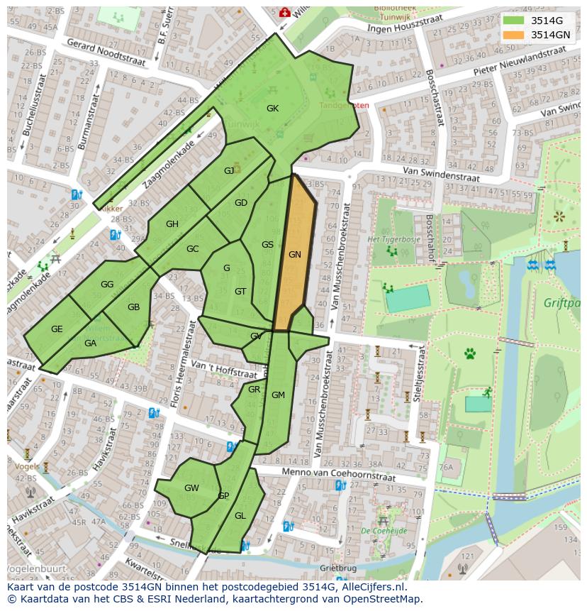 Afbeelding van het postcodegebied 3514 GN op de kaart.