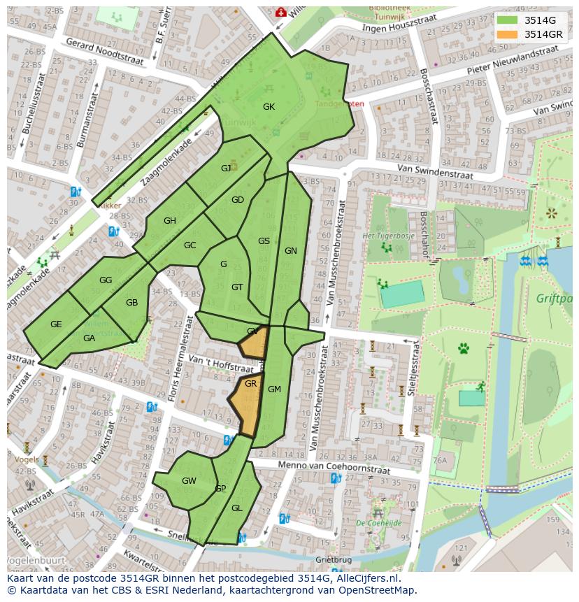 Afbeelding van het postcodegebied 3514 GR op de kaart.