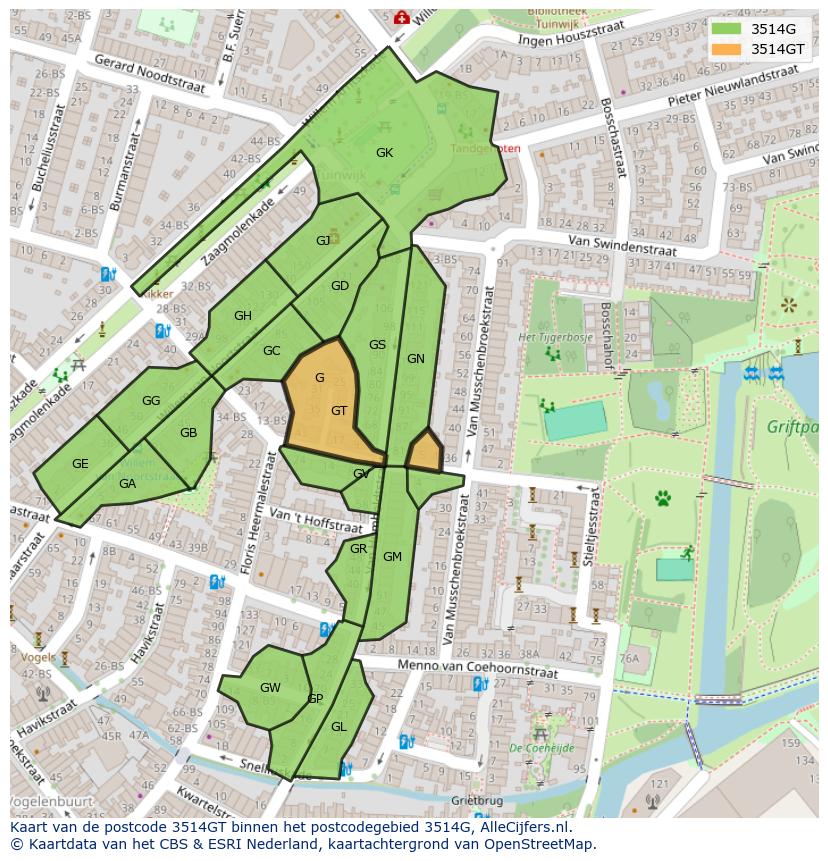 Afbeelding van het postcodegebied 3514 GT op de kaart.
