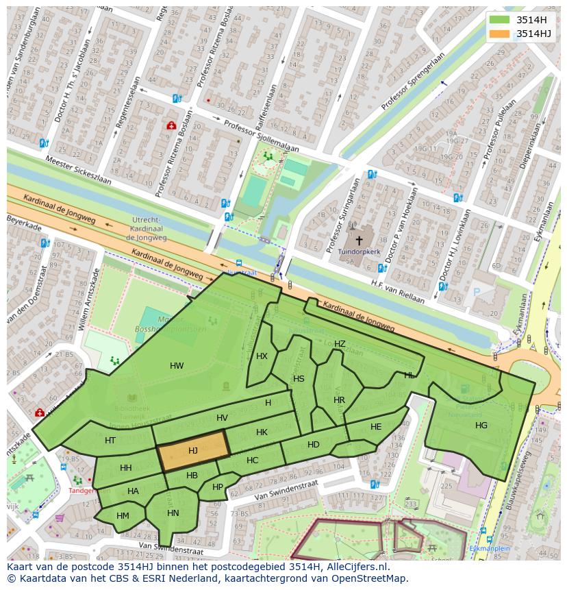 Afbeelding van het postcodegebied 3514 HJ op de kaart.
