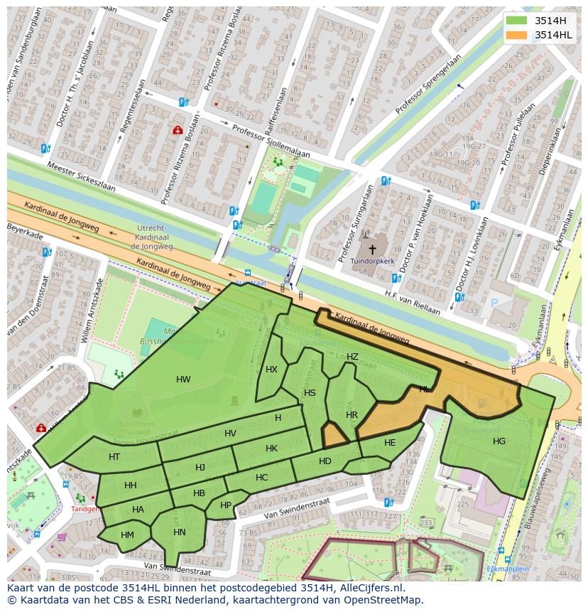 Afbeelding van het postcodegebied 3514 HL op de kaart.