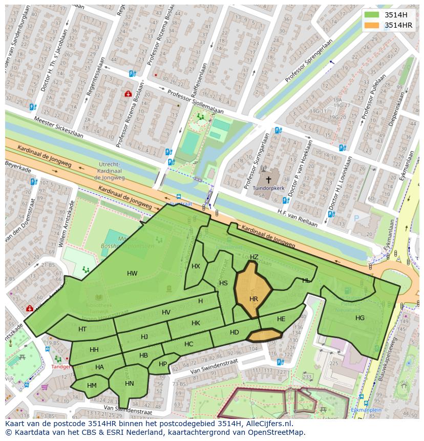 Afbeelding van het postcodegebied 3514 HR op de kaart.