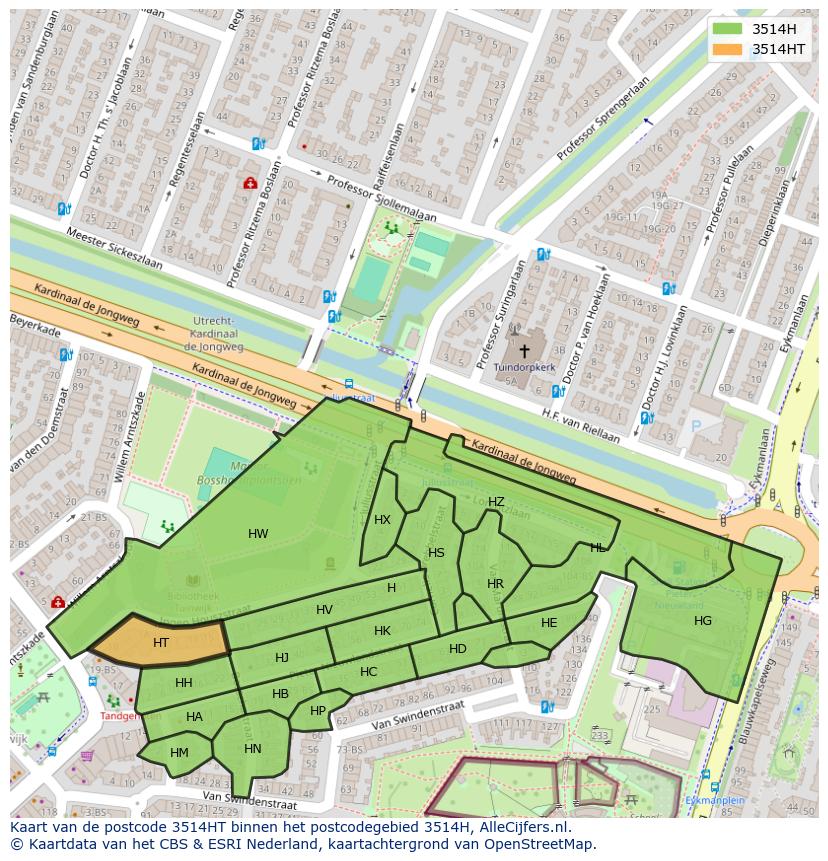 Afbeelding van het postcodegebied 3514 HT op de kaart.