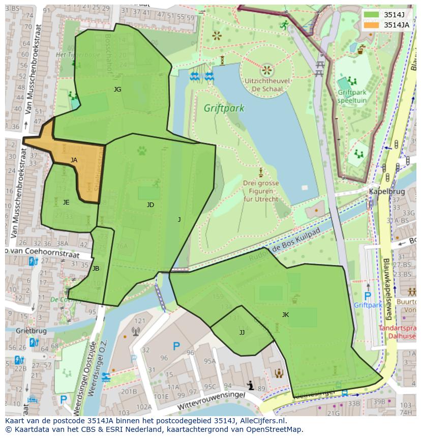 Afbeelding van het postcodegebied 3514 JA op de kaart.