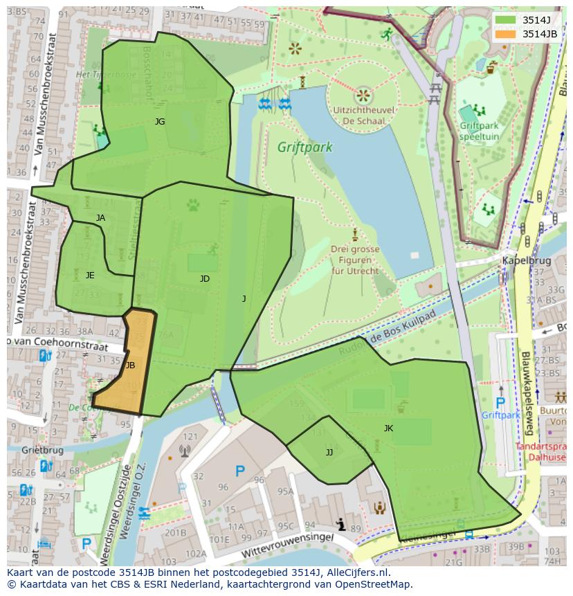 Afbeelding van het postcodegebied 3514 JB op de kaart.