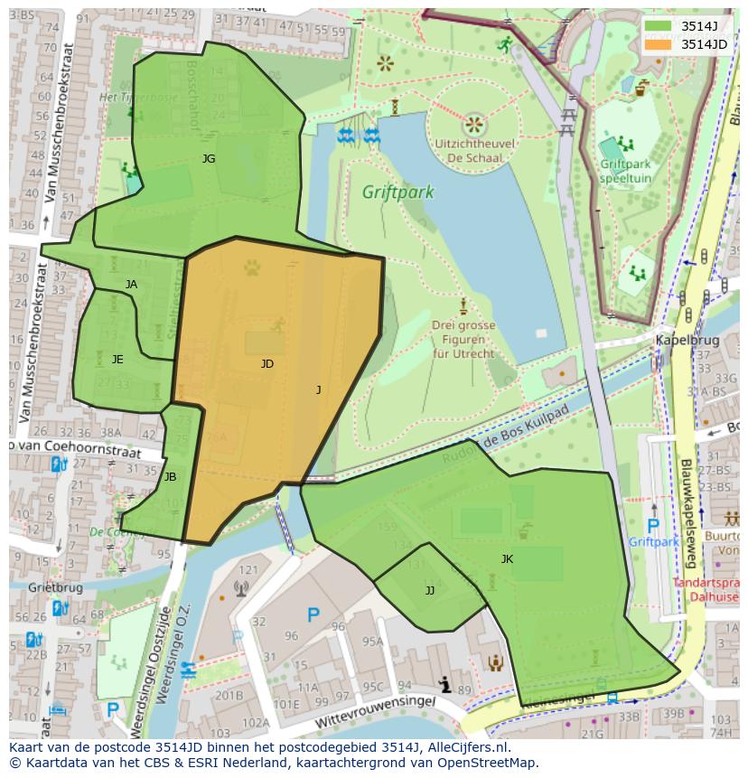 Afbeelding van het postcodegebied 3514 JD op de kaart.