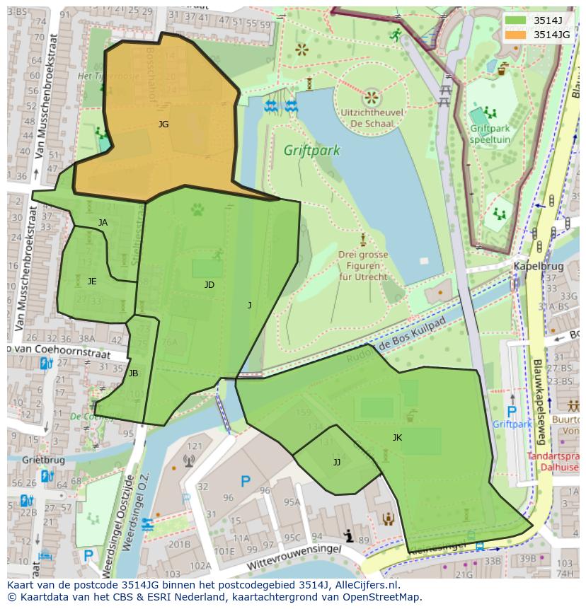 Afbeelding van het postcodegebied 3514 JG op de kaart.