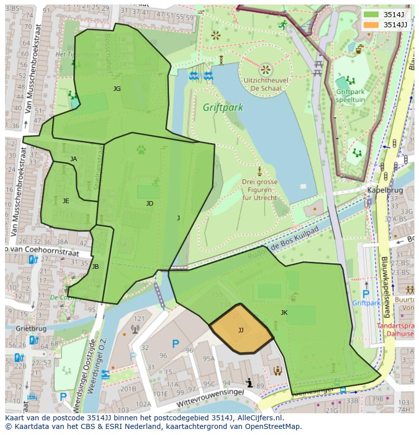 Afbeelding van het postcodegebied 3514 JJ op de kaart.