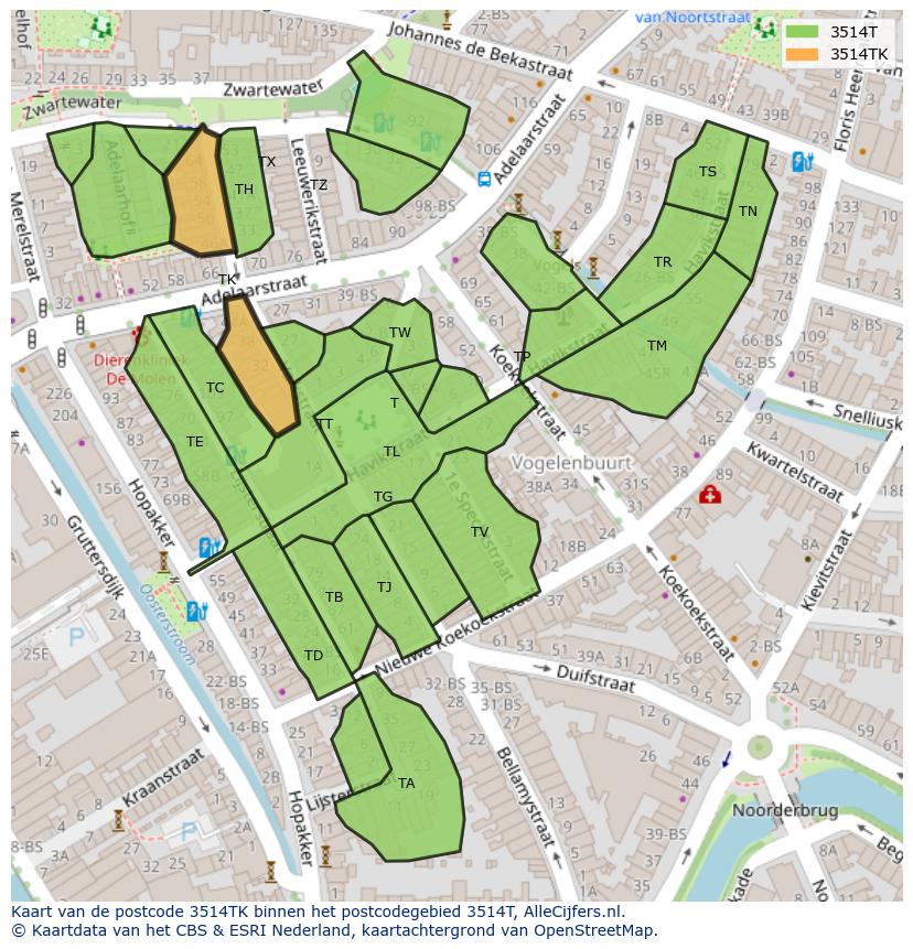 Afbeelding van het postcodegebied 3514 TK op de kaart.
