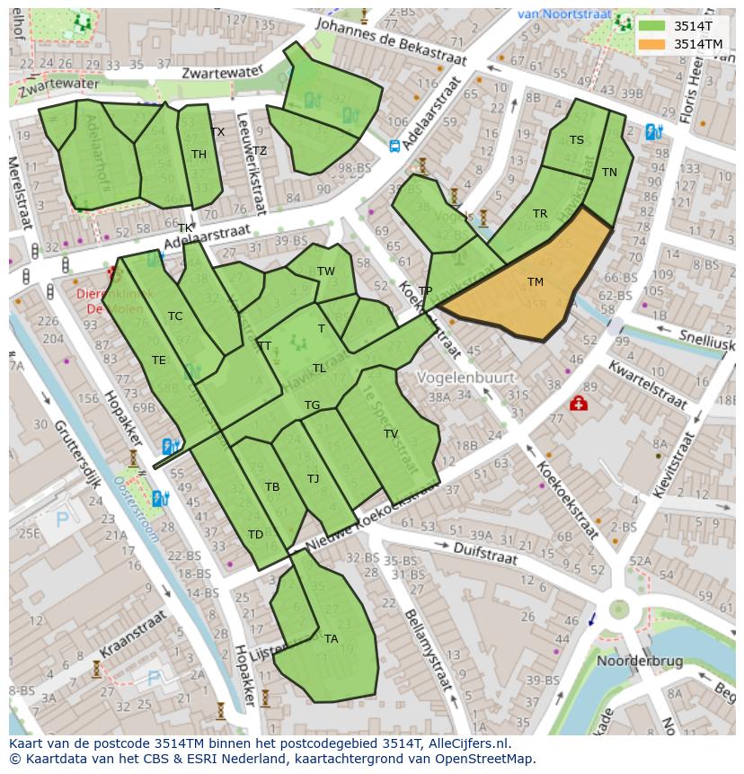 Afbeelding van het postcodegebied 3514 TM op de kaart.