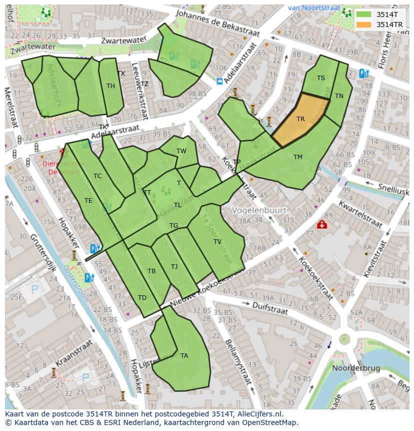 Afbeelding van het postcodegebied 3514 TR op de kaart.