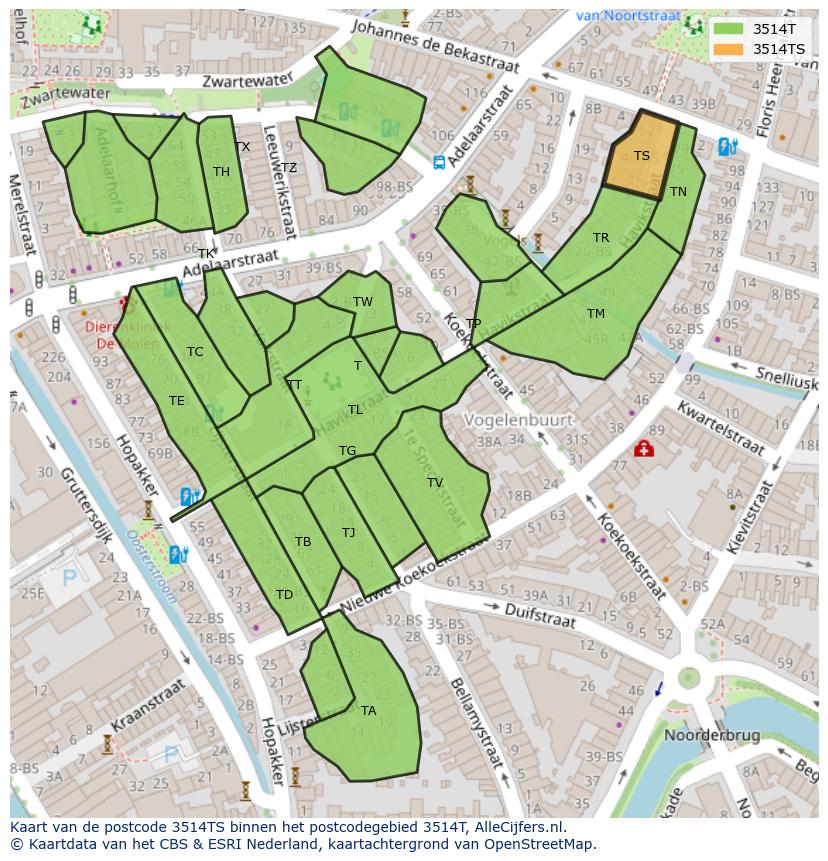 Afbeelding van het postcodegebied 3514 TS op de kaart.
