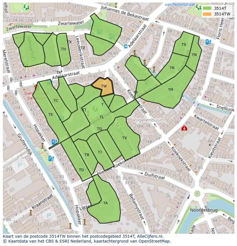 Afbeelding van het postcodegebied 3514 TW op de kaart.