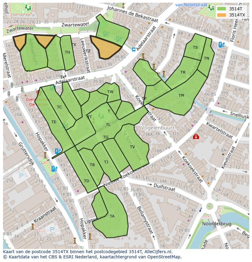 Afbeelding van het postcodegebied 3514 TX op de kaart.