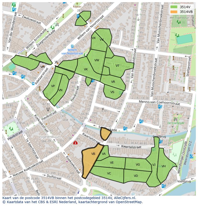Afbeelding van het postcodegebied 3514 VB op de kaart.