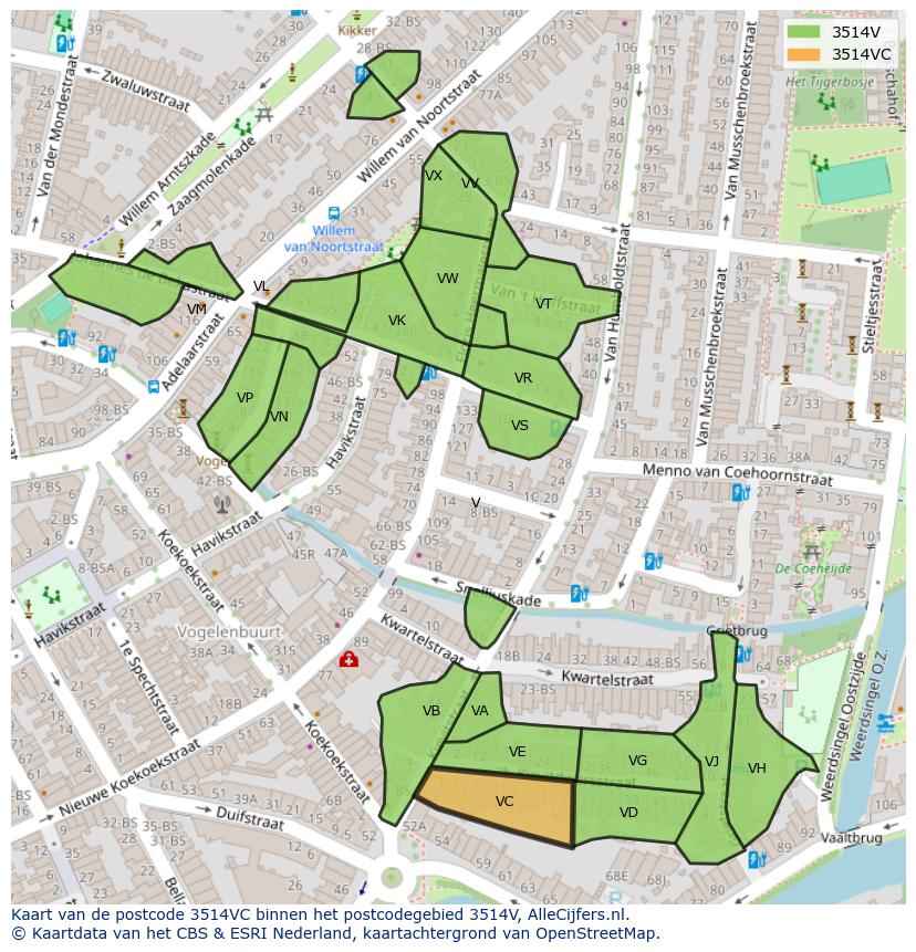 Afbeelding van het postcodegebied 3514 VC op de kaart.