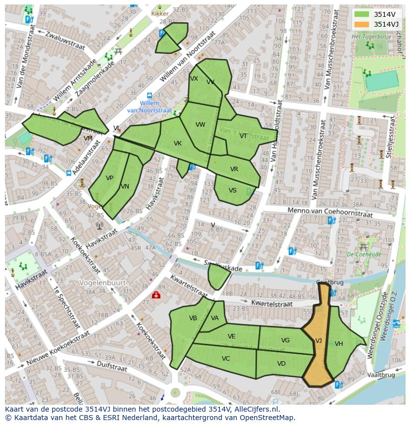 Afbeelding van het postcodegebied 3514 VJ op de kaart.
