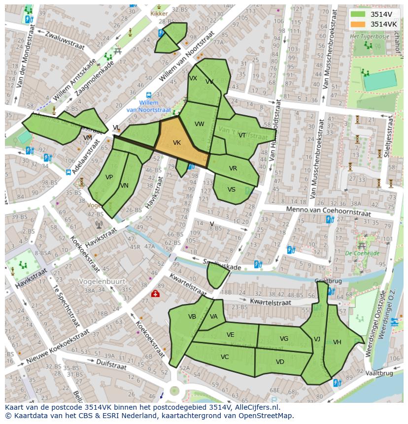 Afbeelding van het postcodegebied 3514 VK op de kaart.