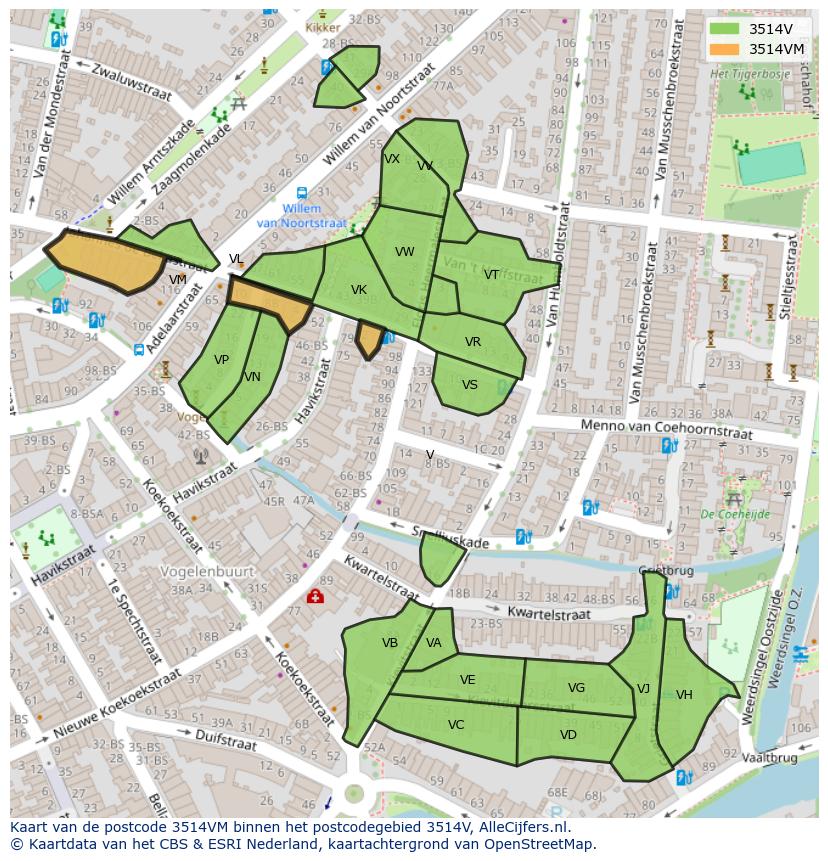 Afbeelding van het postcodegebied 3514 VM op de kaart.