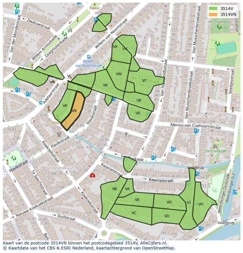 Afbeelding van het postcodegebied 3514 VN op de kaart.