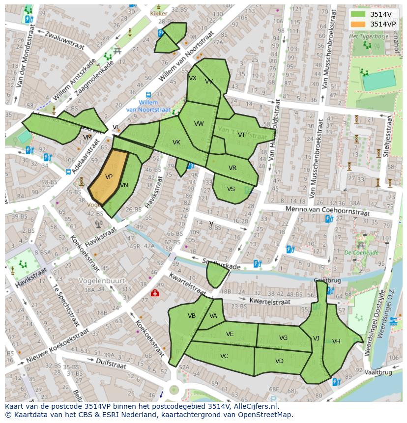 Afbeelding van het postcodegebied 3514 VP op de kaart.