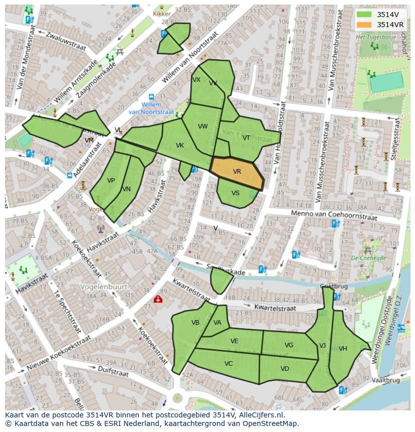 Afbeelding van het postcodegebied 3514 VR op de kaart.