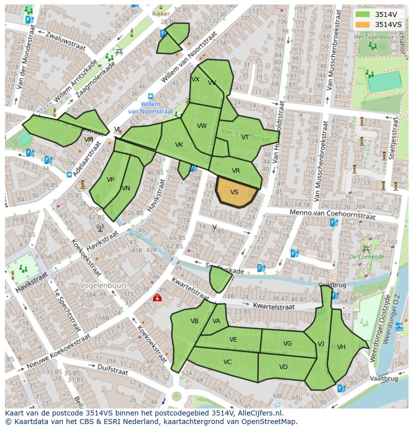 Afbeelding van het postcodegebied 3514 VS op de kaart.