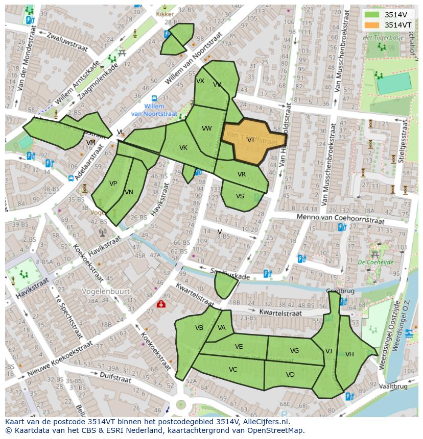 Afbeelding van het postcodegebied 3514 VT op de kaart.