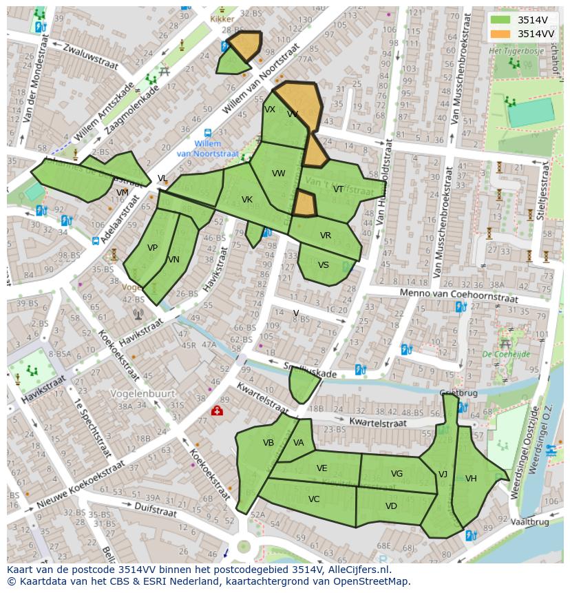 Afbeelding van het postcodegebied 3514 VV op de kaart.