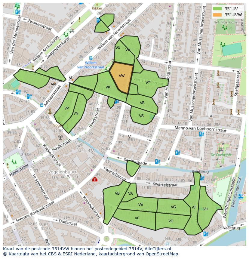 Afbeelding van het postcodegebied 3514 VW op de kaart.
