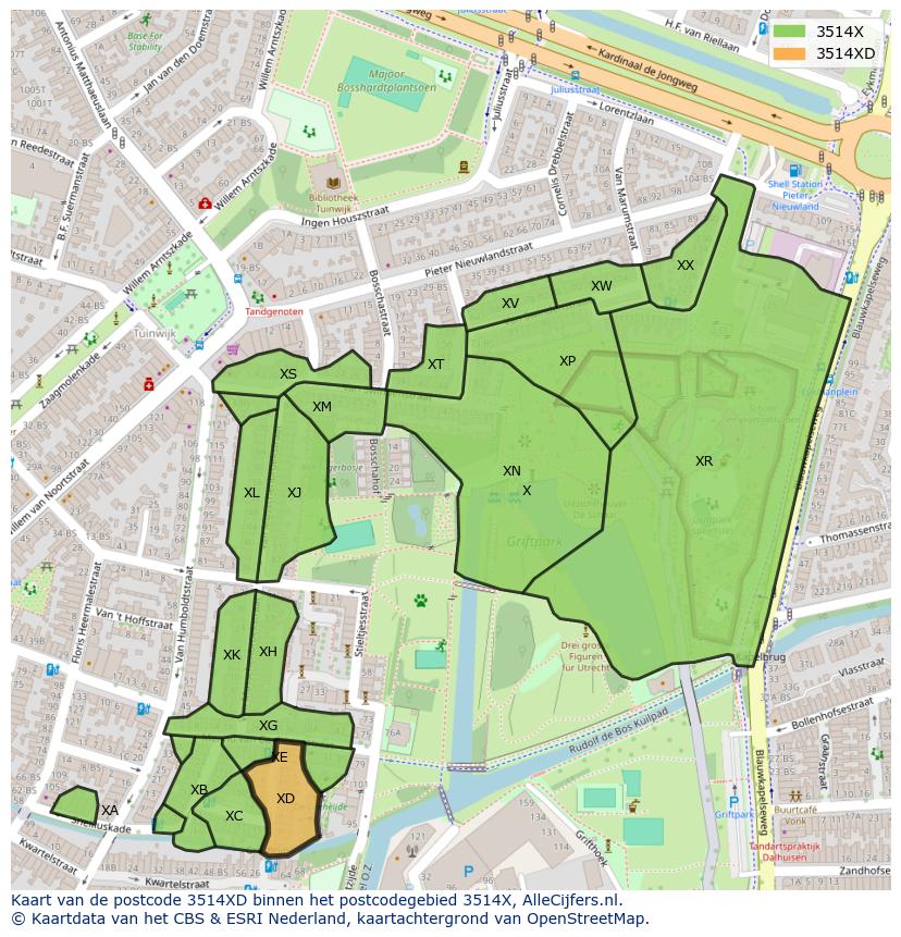 Afbeelding van het postcodegebied 3514 XD op de kaart.