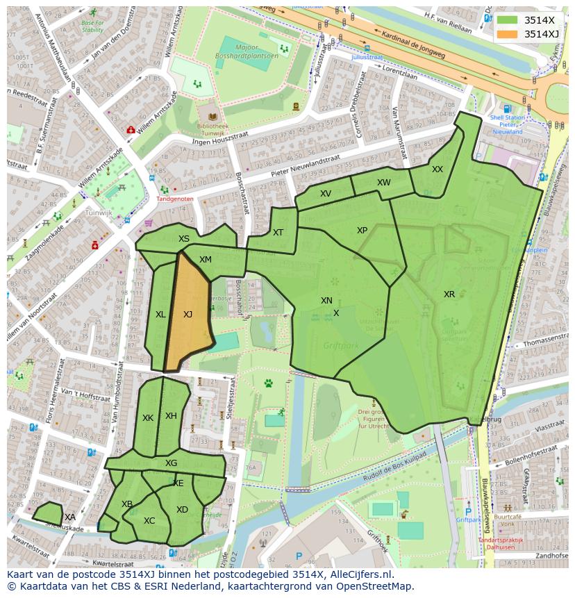 Afbeelding van het postcodegebied 3514 XJ op de kaart.