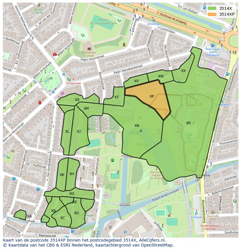 Afbeelding van het postcodegebied 3514 XP op de kaart.