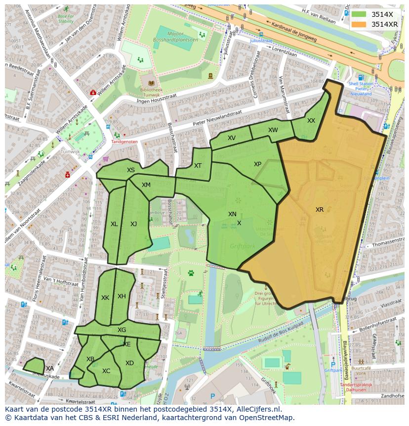 Afbeelding van het postcodegebied 3514 XR op de kaart.