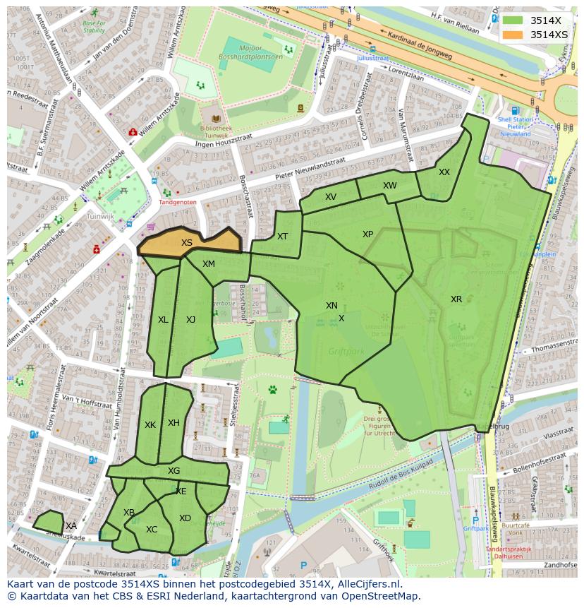 Afbeelding van het postcodegebied 3514 XS op de kaart.