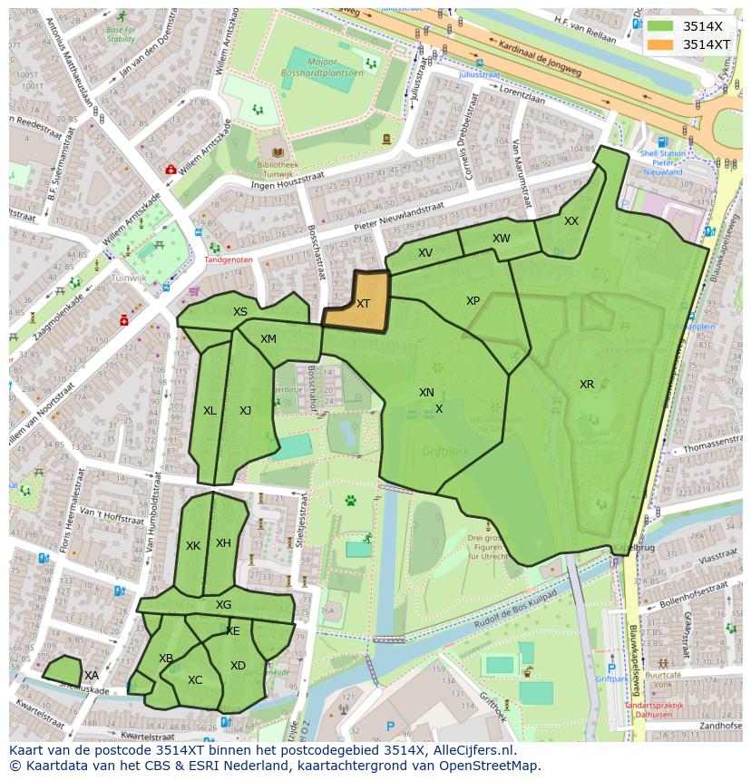 Afbeelding van het postcodegebied 3514 XT op de kaart.
