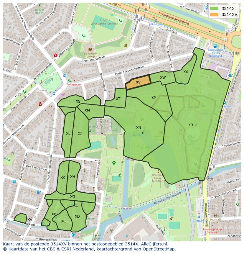 Afbeelding van het postcodegebied 3514 XV op de kaart.